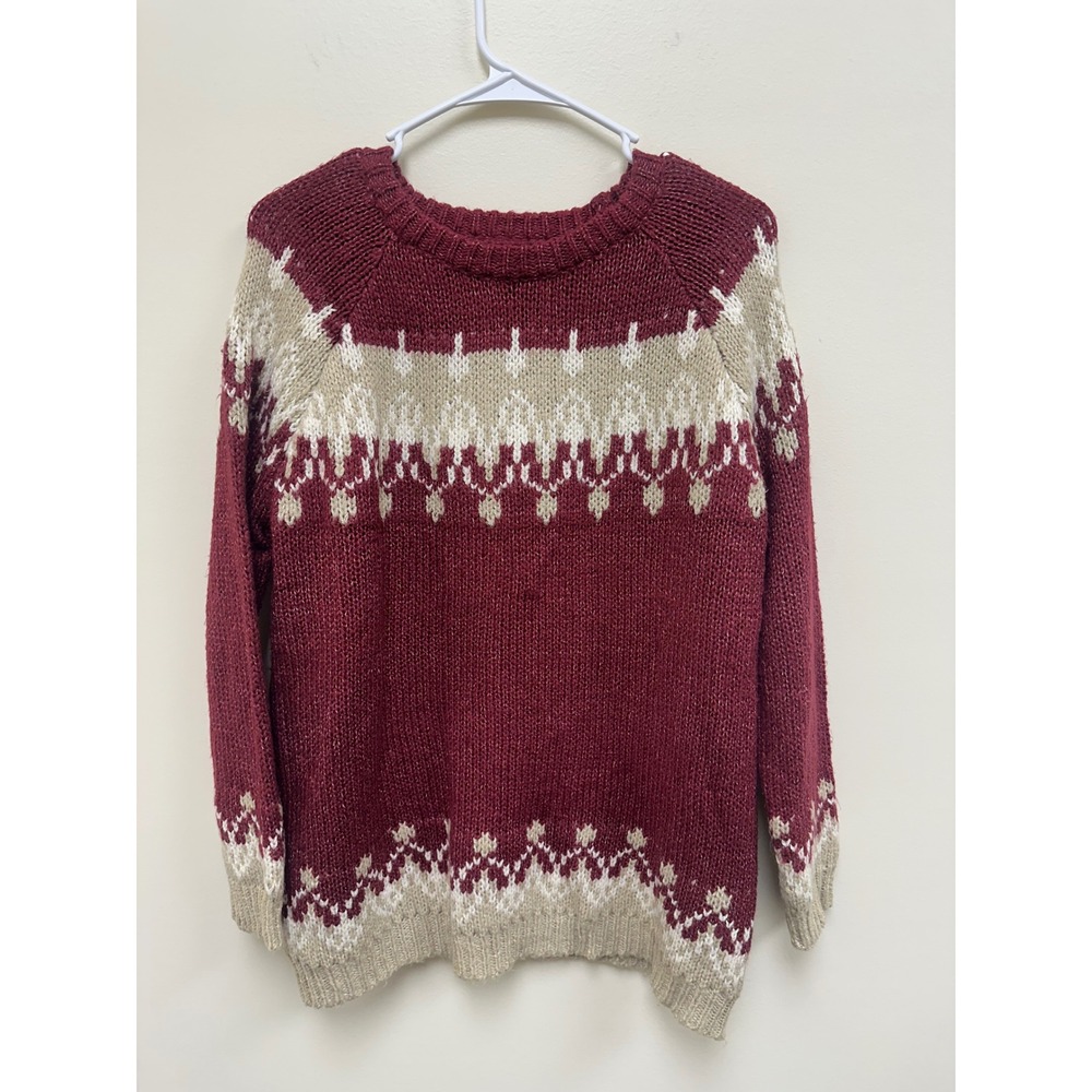 Burgundy Red Fair Isle Knit Sweater Women Crew Neck Raglan Pullover Large
